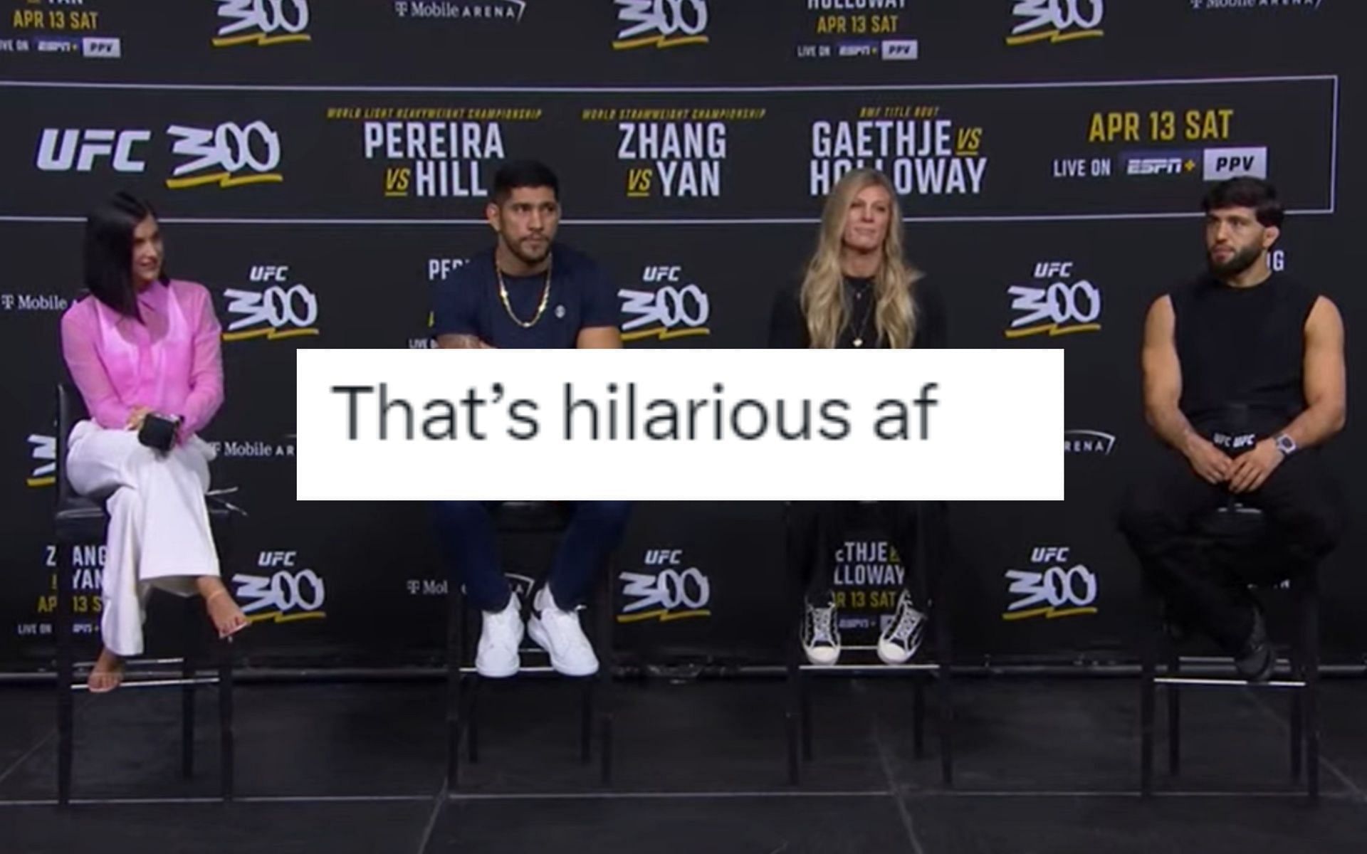 Arman Tsarukyan and Kayla Harrison appeared at the UFC 300 press conference yesterday. [Image from the UFC]