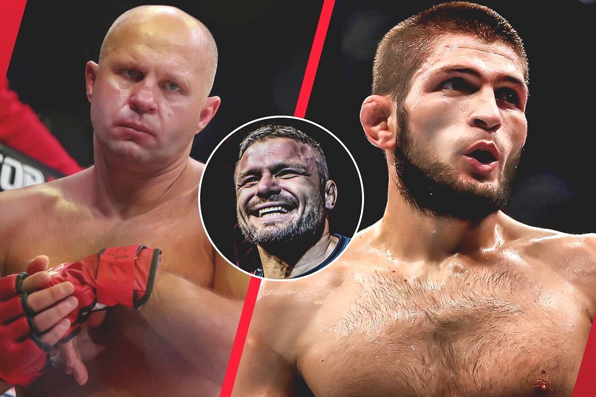 Fedor Emilianenko (L), Anatoly Malykhin (M), and Khabib Nurmagomedov (R) 