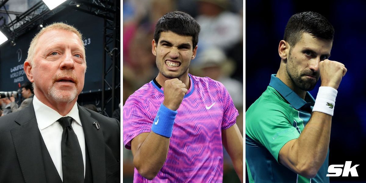 Boris Becker (Left), Carlos Alcaraz (Center), and Novak Djokovic (Right)