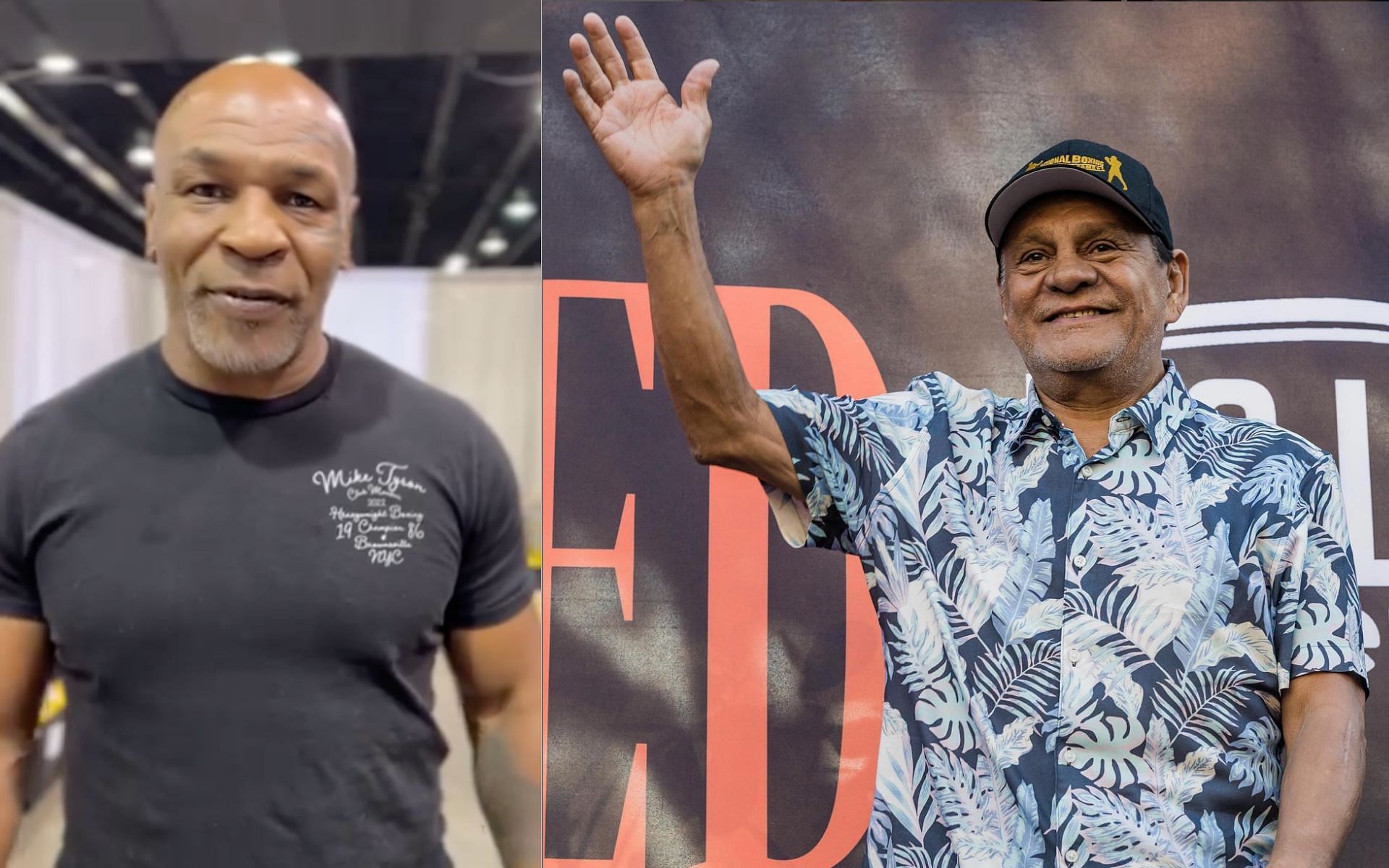 Mike Tyson (left) sends a message to Roberto Duran (right) after hearing news of the latter