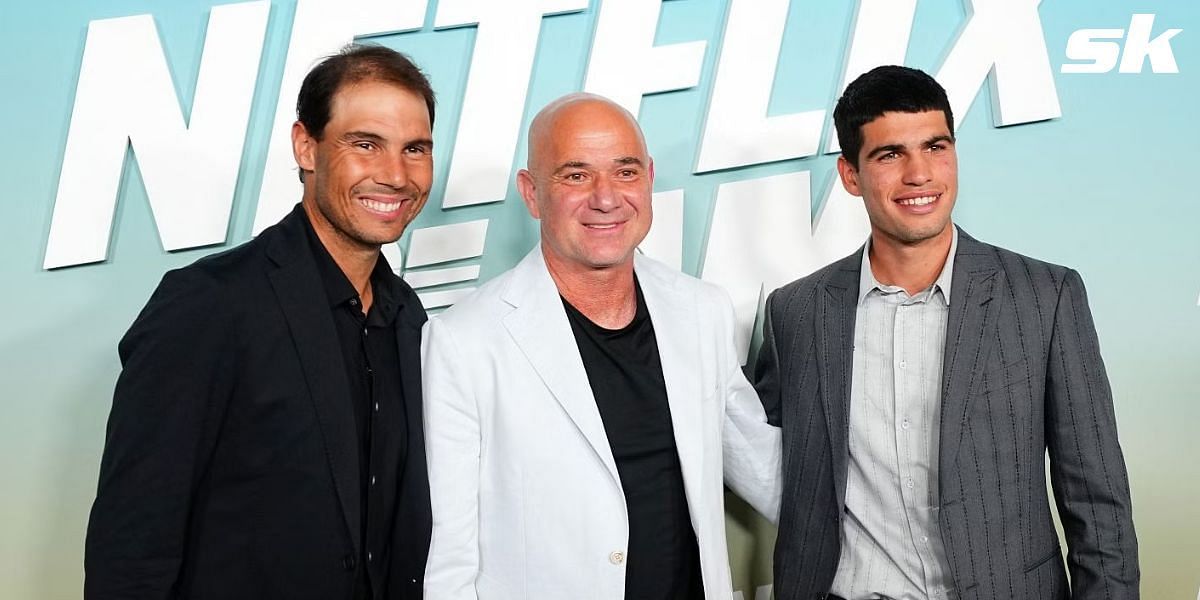 (Left to Right) Rafael Nadal, Andre Agassi, and Carlos Alcaraz 