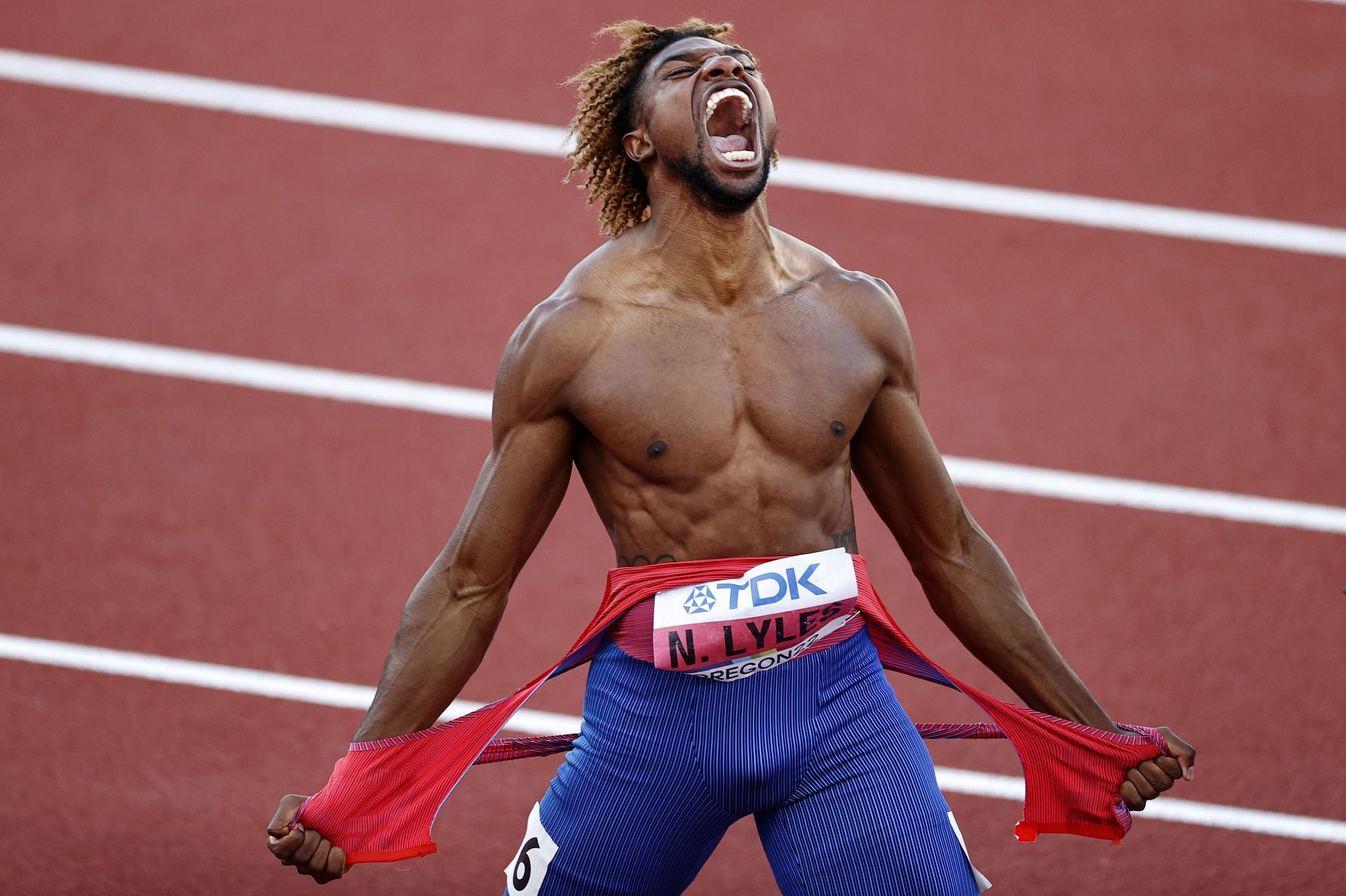 Noah Lyles celebrates winning gold in the Men&#039;s 200m Final on day seven of the World Athletics Championships in Eugene, Oregon. (Photo by Steph Chambers/Getty Images)