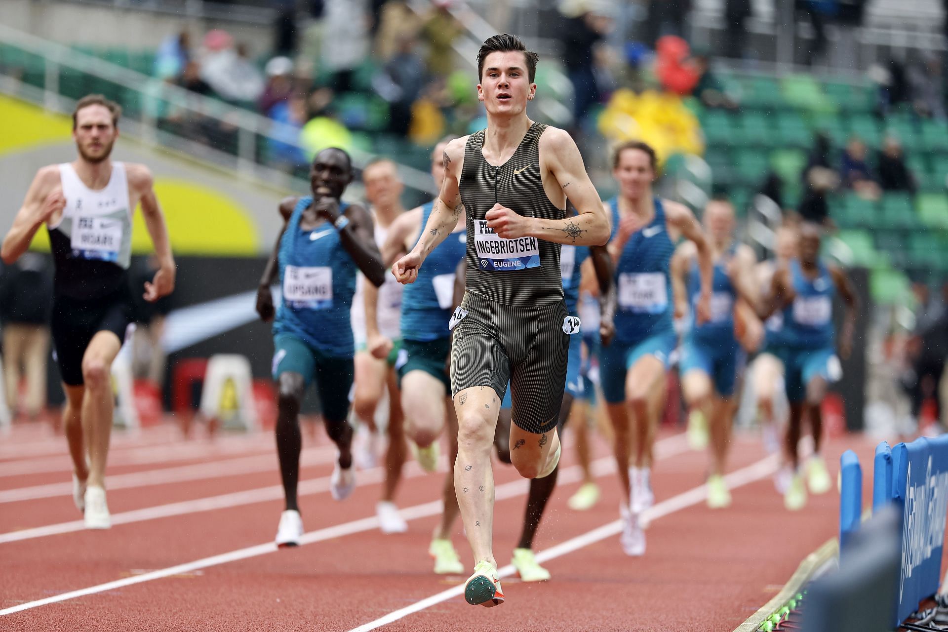 Jakob Ingerbrigtsen of Norway leads 1-mile race during the Wanda Diamond League Prefontaine Classic at Hayward Field on May 28, 2022, in Eugene, Oregon.