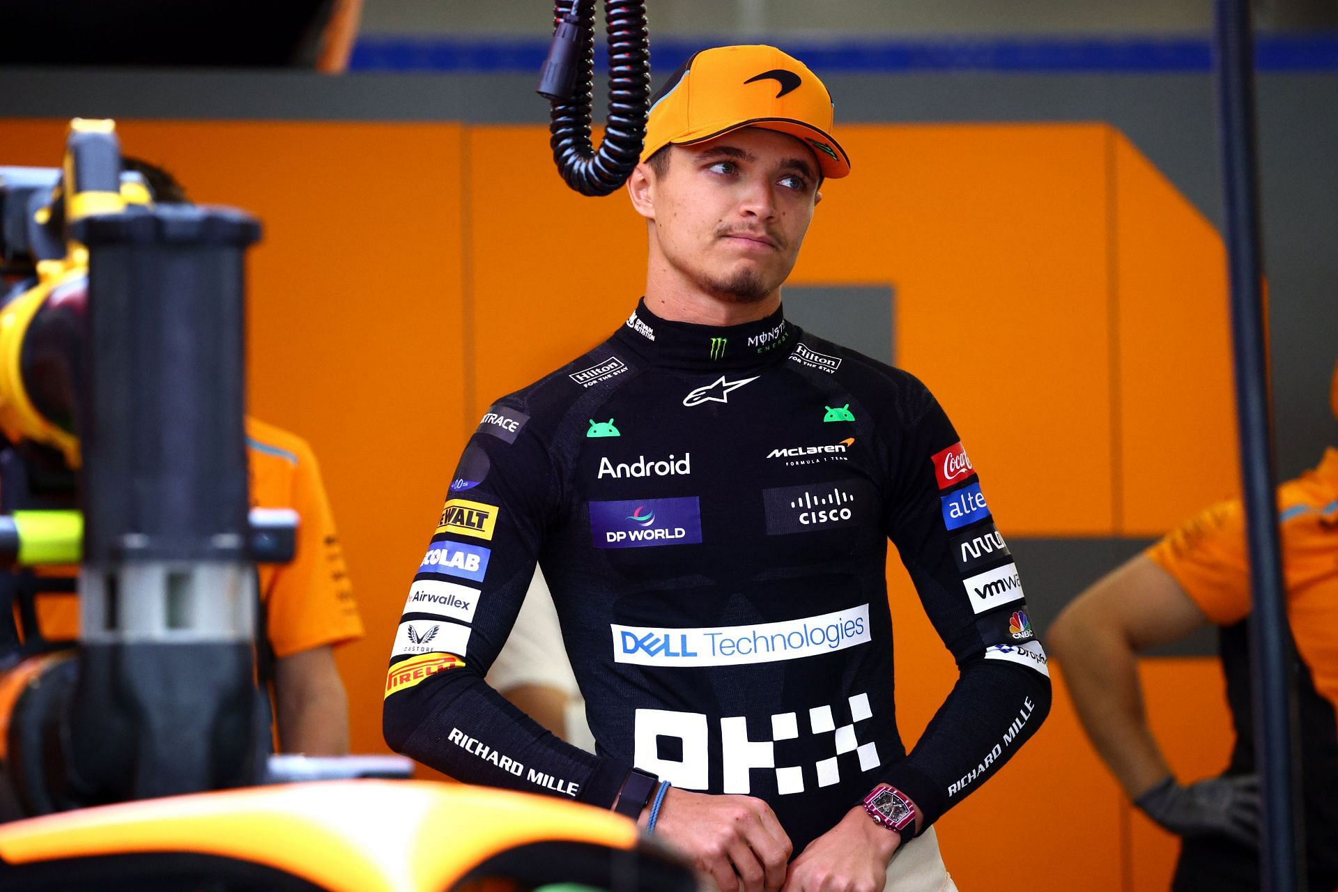 Lando Norris of Great Britain and McLaren prepares to drive in the garage prior to final practice ahead of the F1 Grand Prix of Saudi Arabia at Jeddah Corniche Circuit on March 08, 2024 in Jeddah, Saudi Arabia. (Photo by Clive Rose/Getty Images)