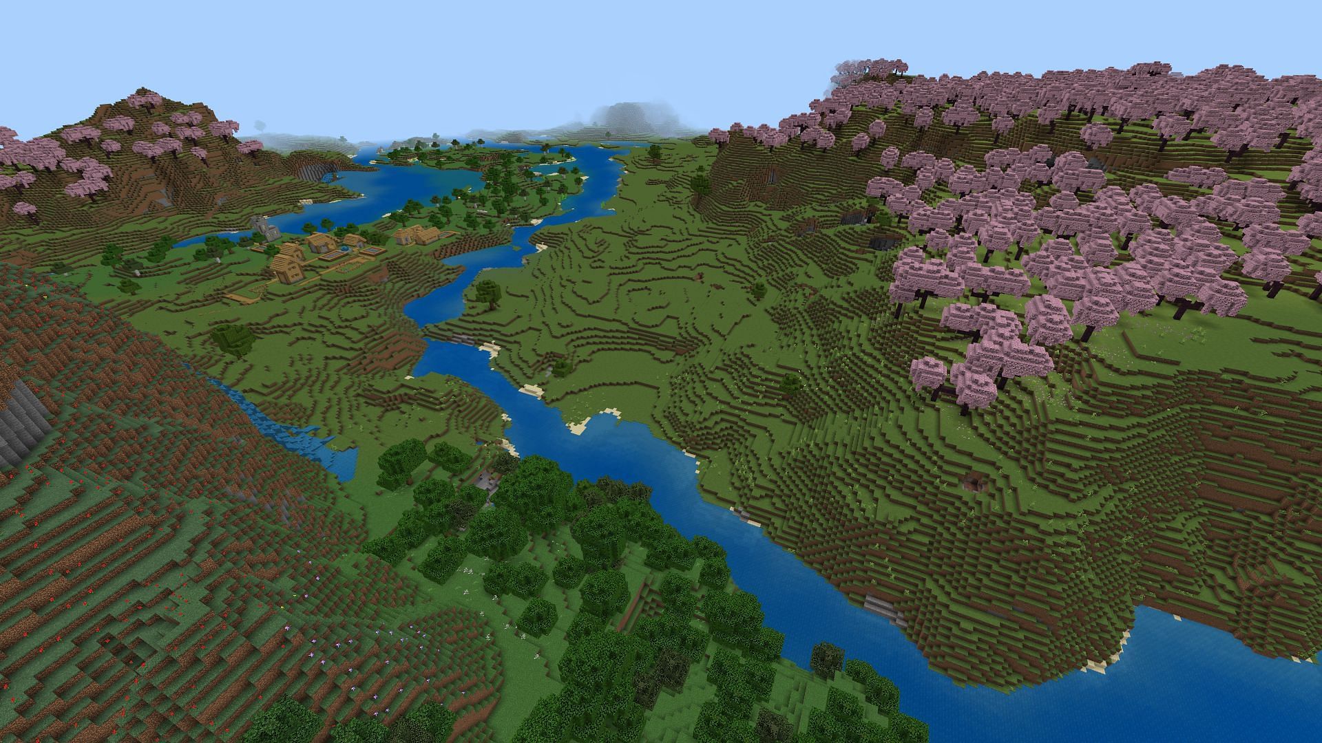 The cherry groves in this Minecraft seed have lovely surrounding terrain (Image via Mojang Studios)