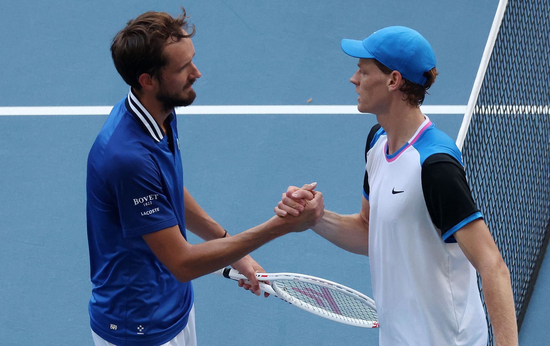 Daniil Medvedev (L) pictured with Jannik Sinner after their 2024 Miami Open semifinal