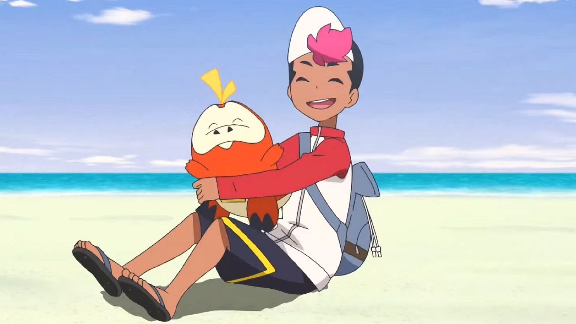 Roy and Fuecoco rest on the beach in Pokemon Horizons Episode 42 (Image via The Pokemon Company)