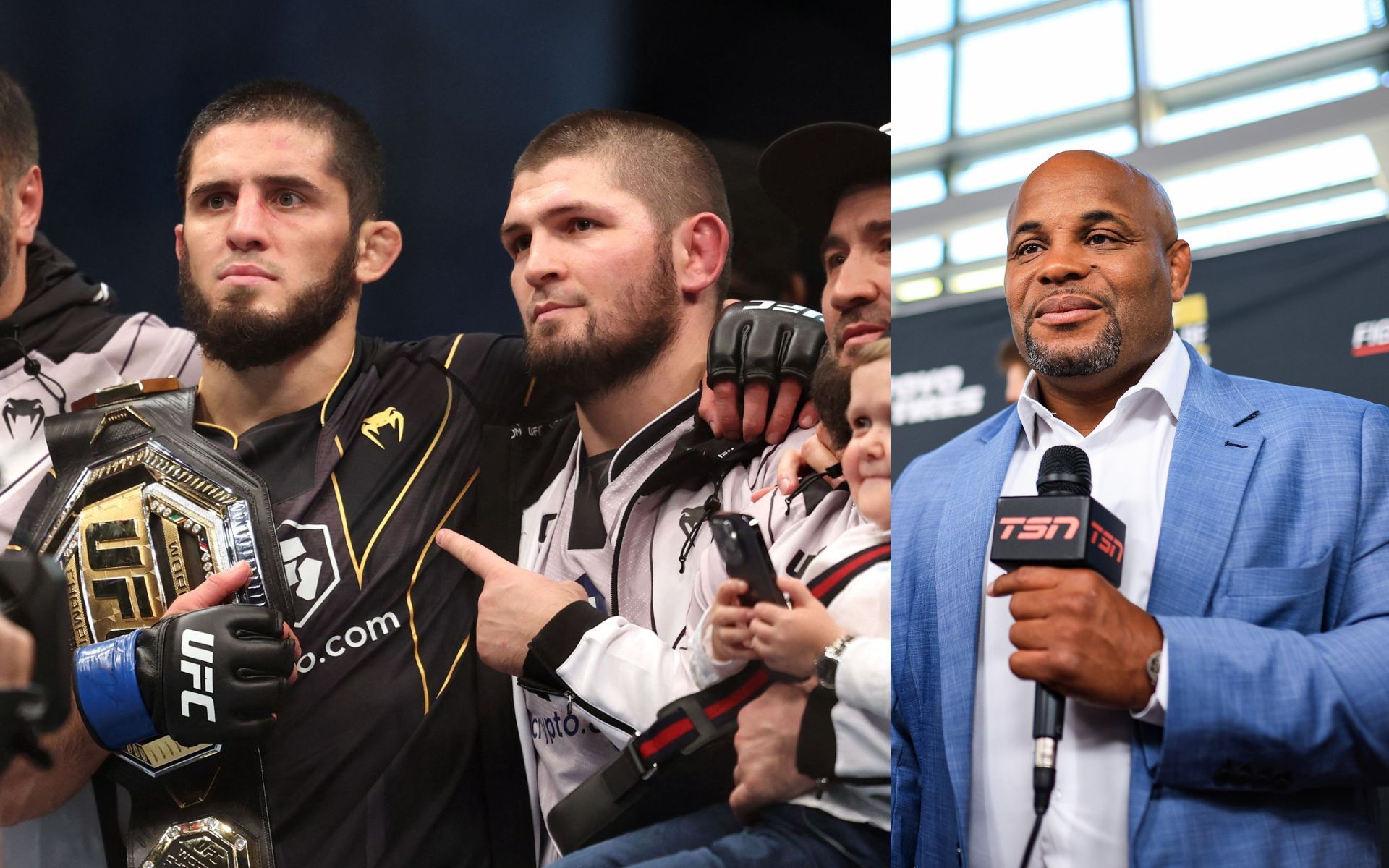 Islam Makhachev and Khabib Nurmagomedov (left) and Daniel Cormier (right). [via Getty Images]