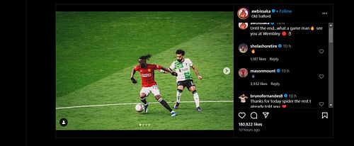 Screenshot of Fernandes' comment on Wan-Bissaka's IG post