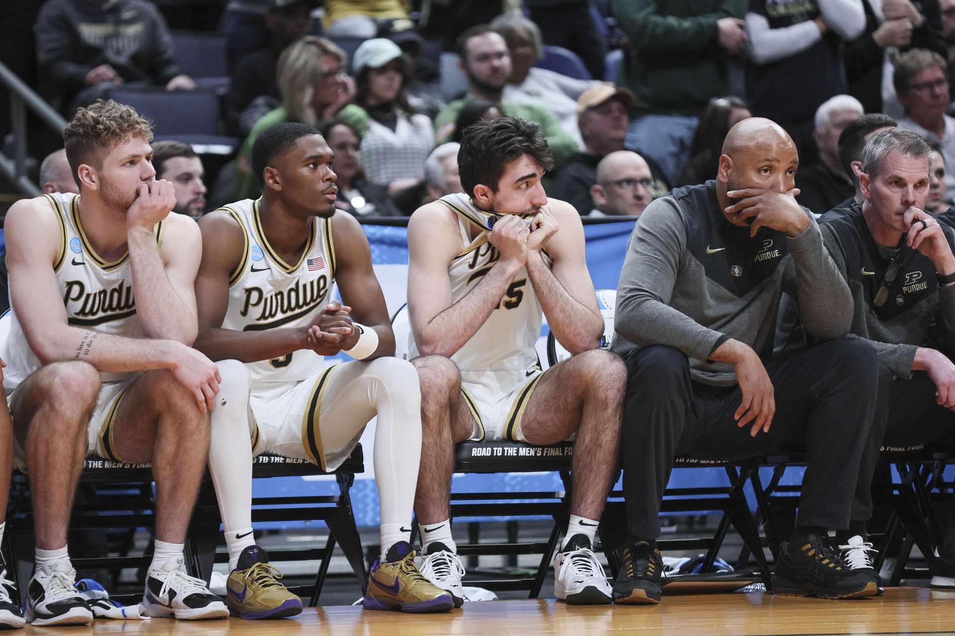 The Purdue bench reacts to the second half against Fairleigh Dickinson