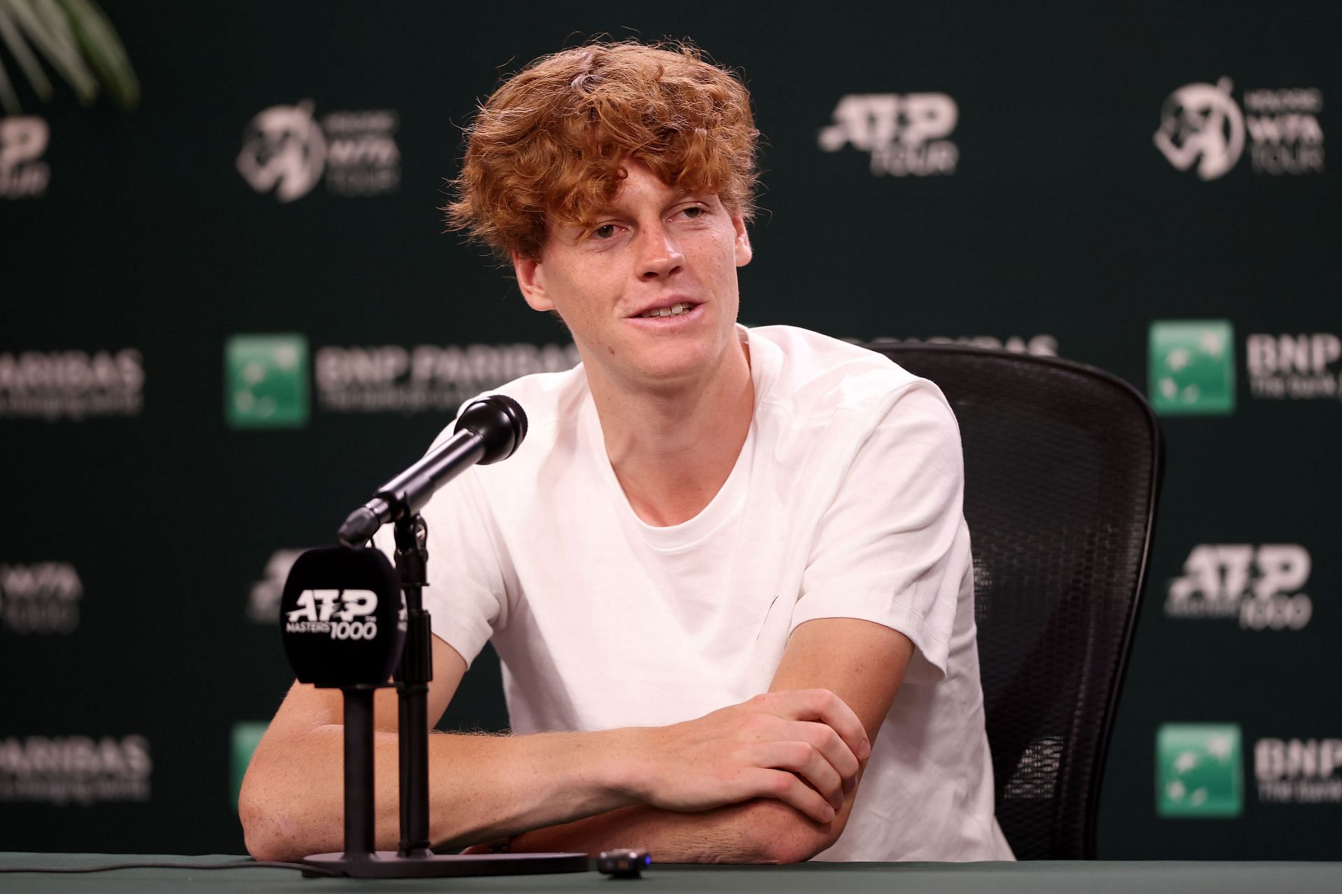 Jannik Sinner talking in a press conference at the 2024 BNP Paribas Open