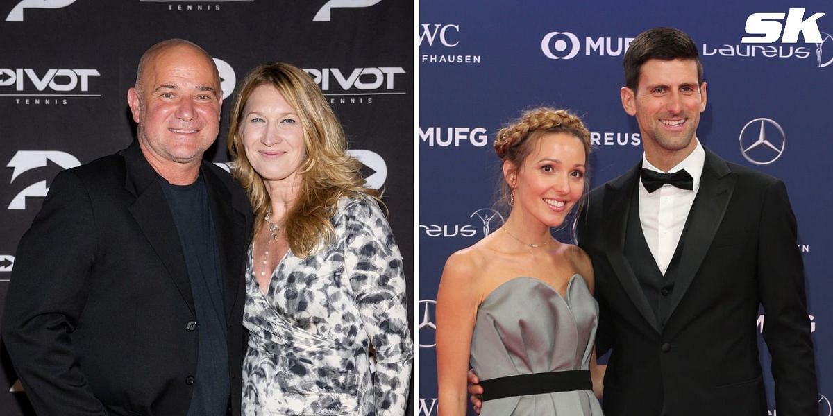 Andre Agassi and Steffi Graf (L), Novak Djokovic and wife Jelena (R)