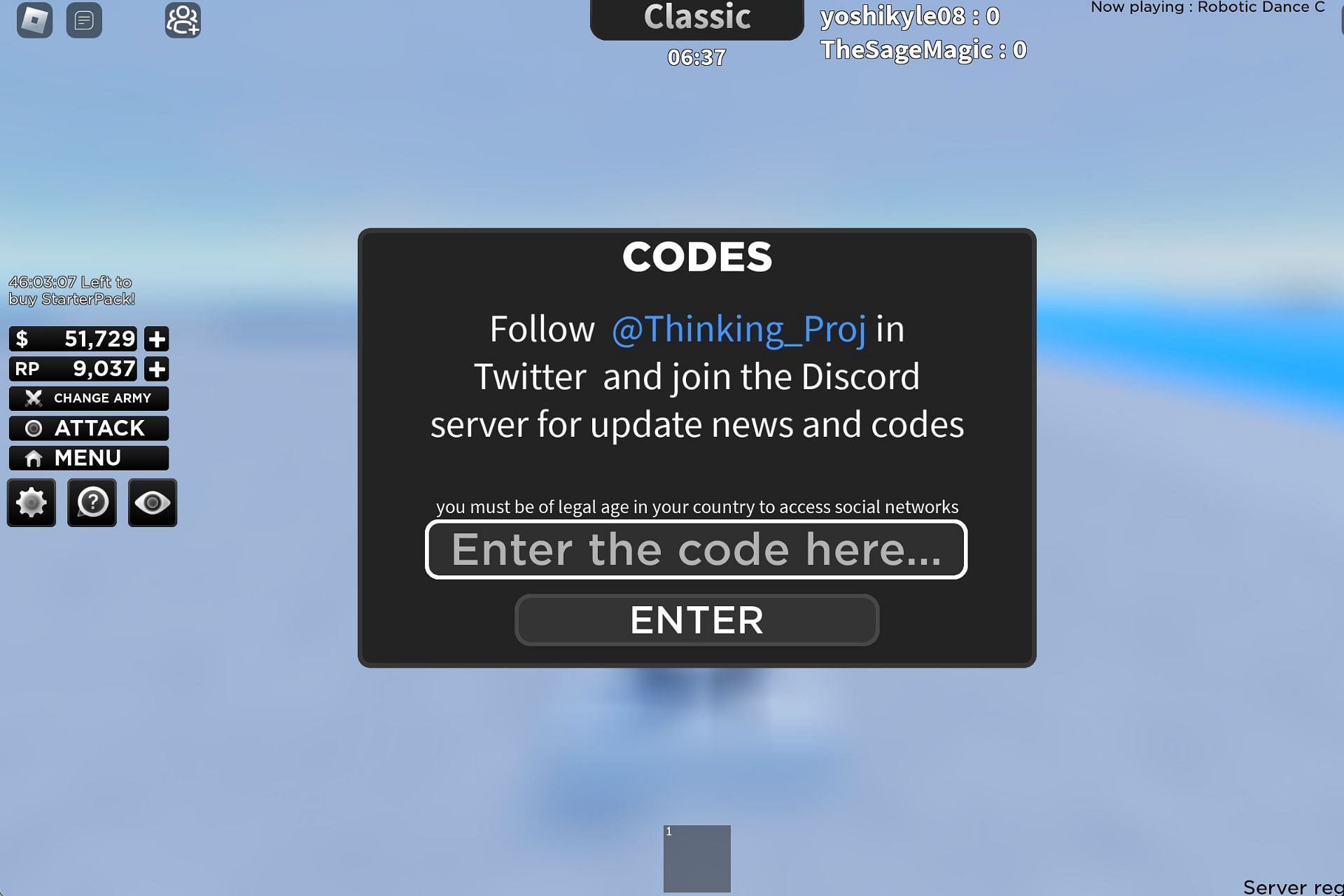 The code redemption screen (Image via Roblox)