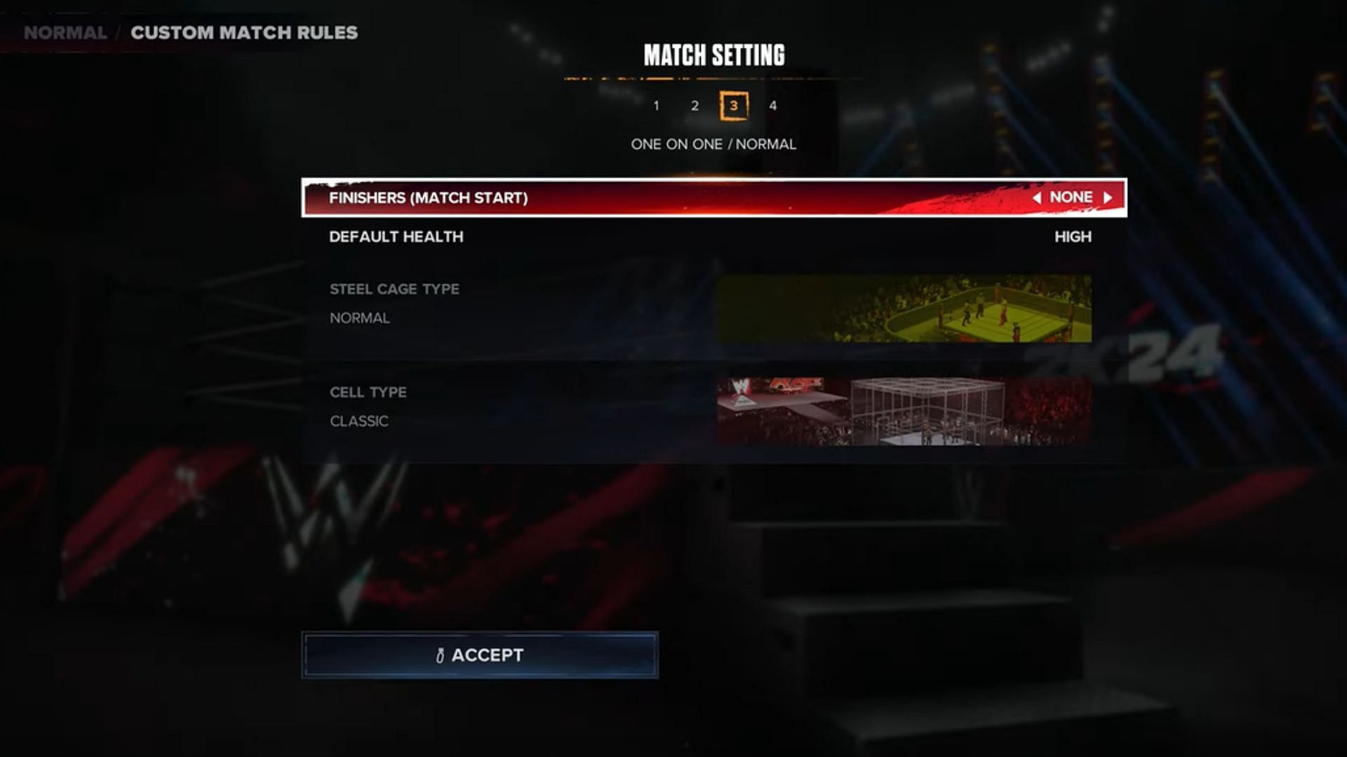 Change the Custom Rules settings to win the Rise of the Megastar trophy in WWE 2K24 (Image via YouTube/ Poru99)