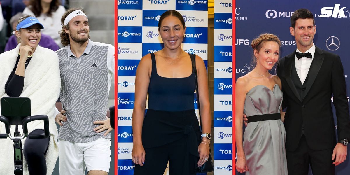 (Left to Right) Paula Badosa, Stefanos Tsitsipas, Jessica Pegula, Jelena Djokovic, Novak Djokovic 