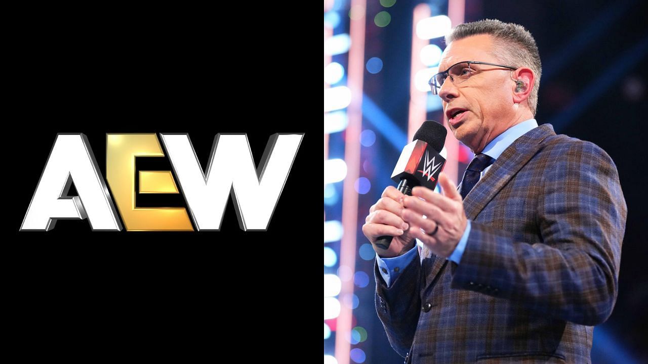 AEW logo (left) and WWE commentator Michal Cole (right)