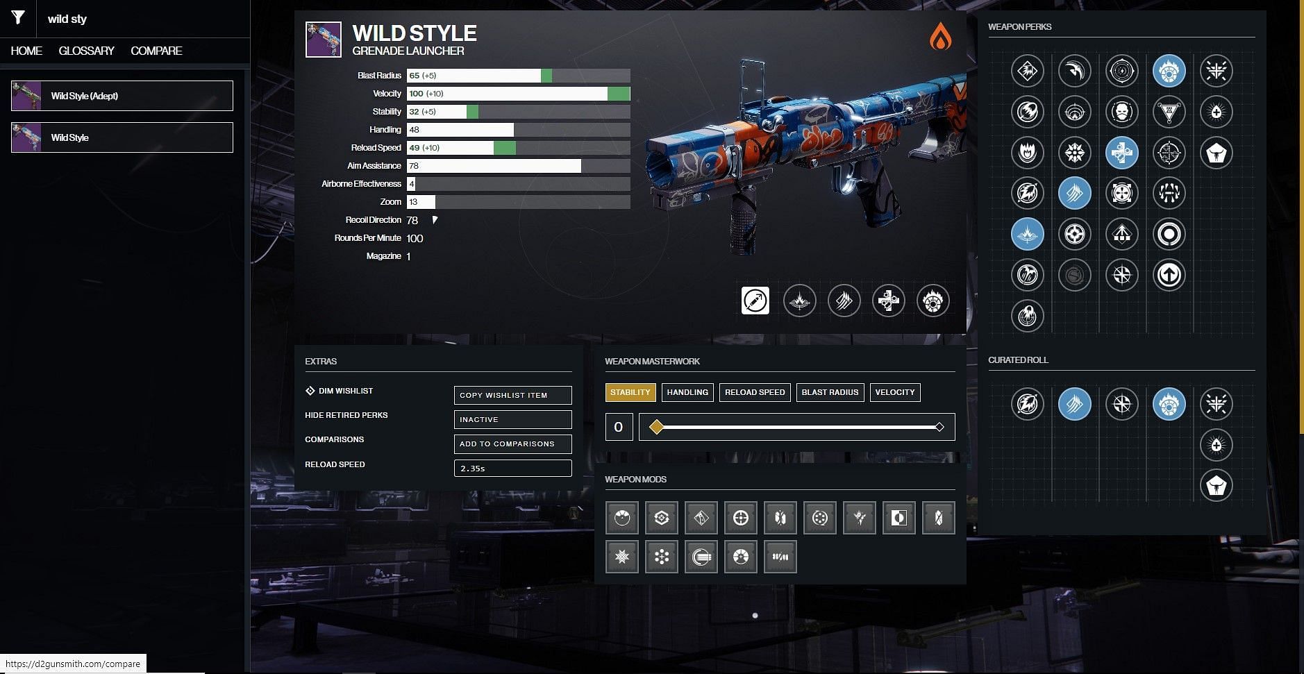 Wild Style god roll for add-clearing (Image via D2Gunsmith)