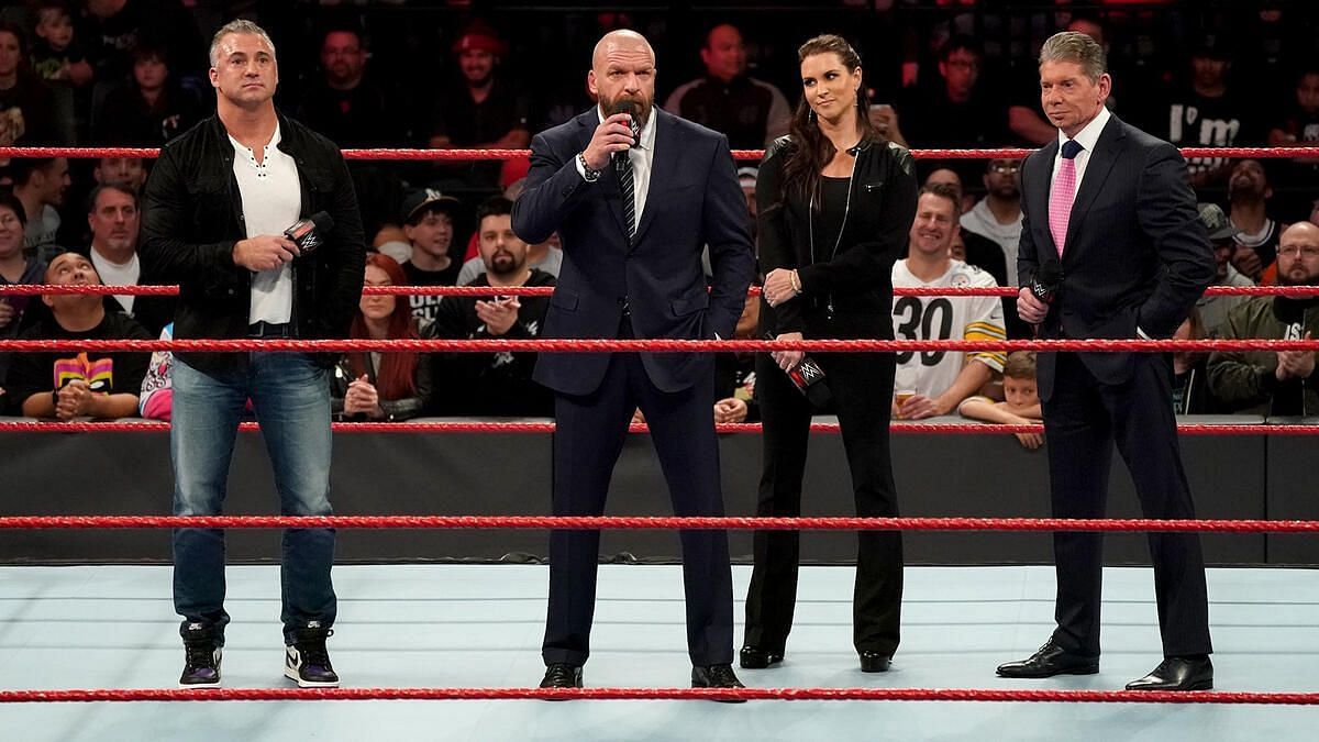 Left to right: Shane McMahon, Triple H, Stephanie McMahon, Vince McMahon
