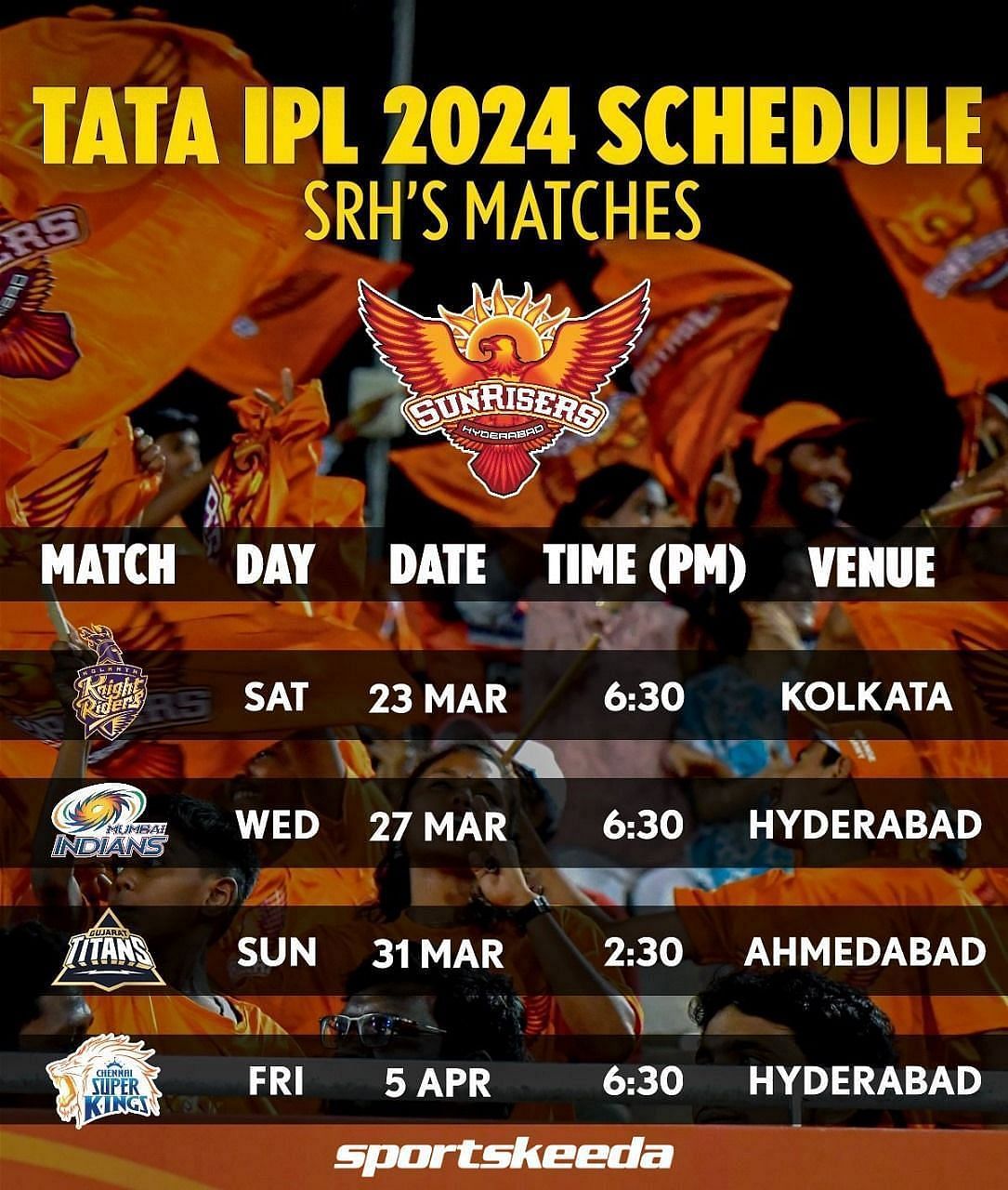 Sunrisers Hyderabad Schedule IPL 2024