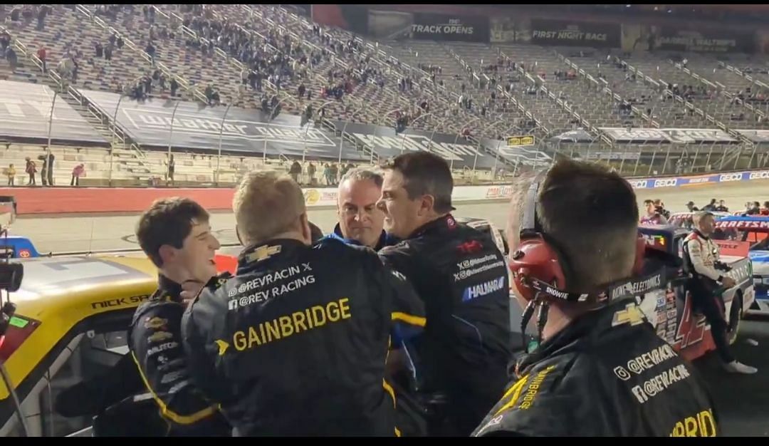 Nick Sanchez and Stewart Friesen going at it after the NASCAR Truck Series race at Bristol Motor Speedway (Image from X)