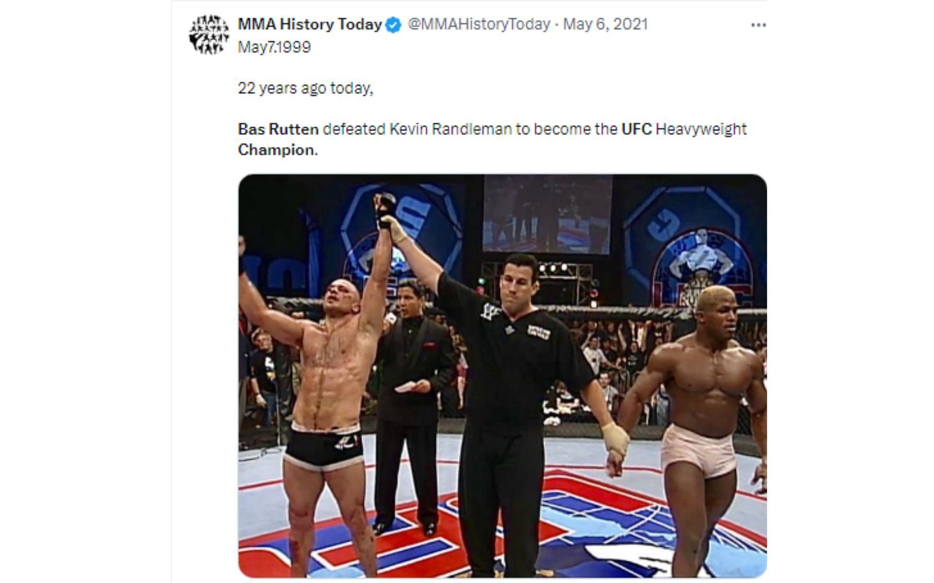Tweet regarding Bas Rutten&#039;s UFC heavyweight championship win [Image courtesy: @MMAHistoryToday - X]