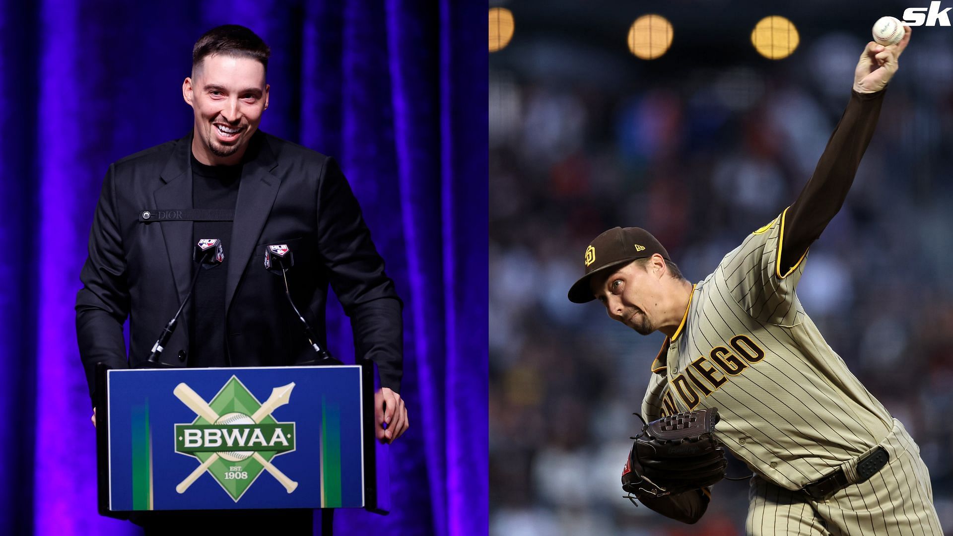 Former San Diego Padres pitcher Blake Snell speaks to the audience after receiving the 2023 National League Cy Young Award during the 2024 BBWAA Awards Dinner