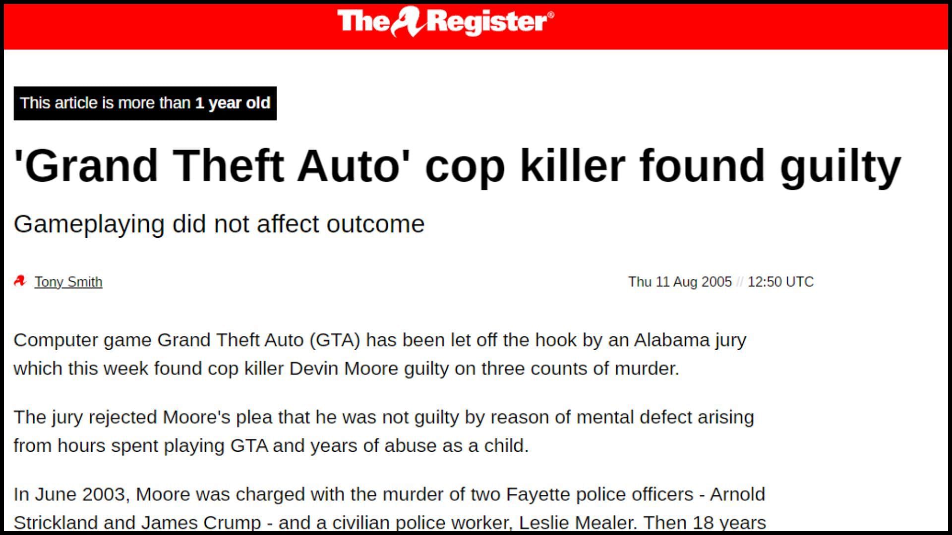 A screenshot of the news about the cop killer (Image via The Register)