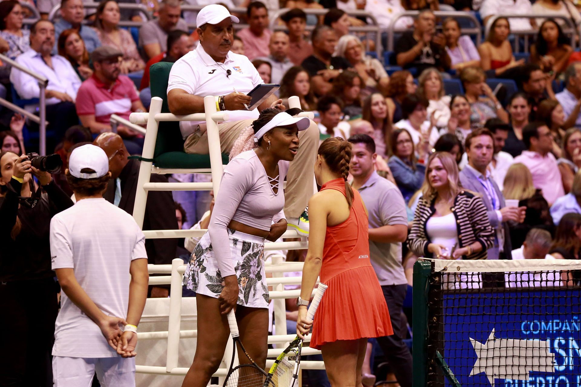 Venus Williams during an exhibition match against Monica Puig in Puerto Rico