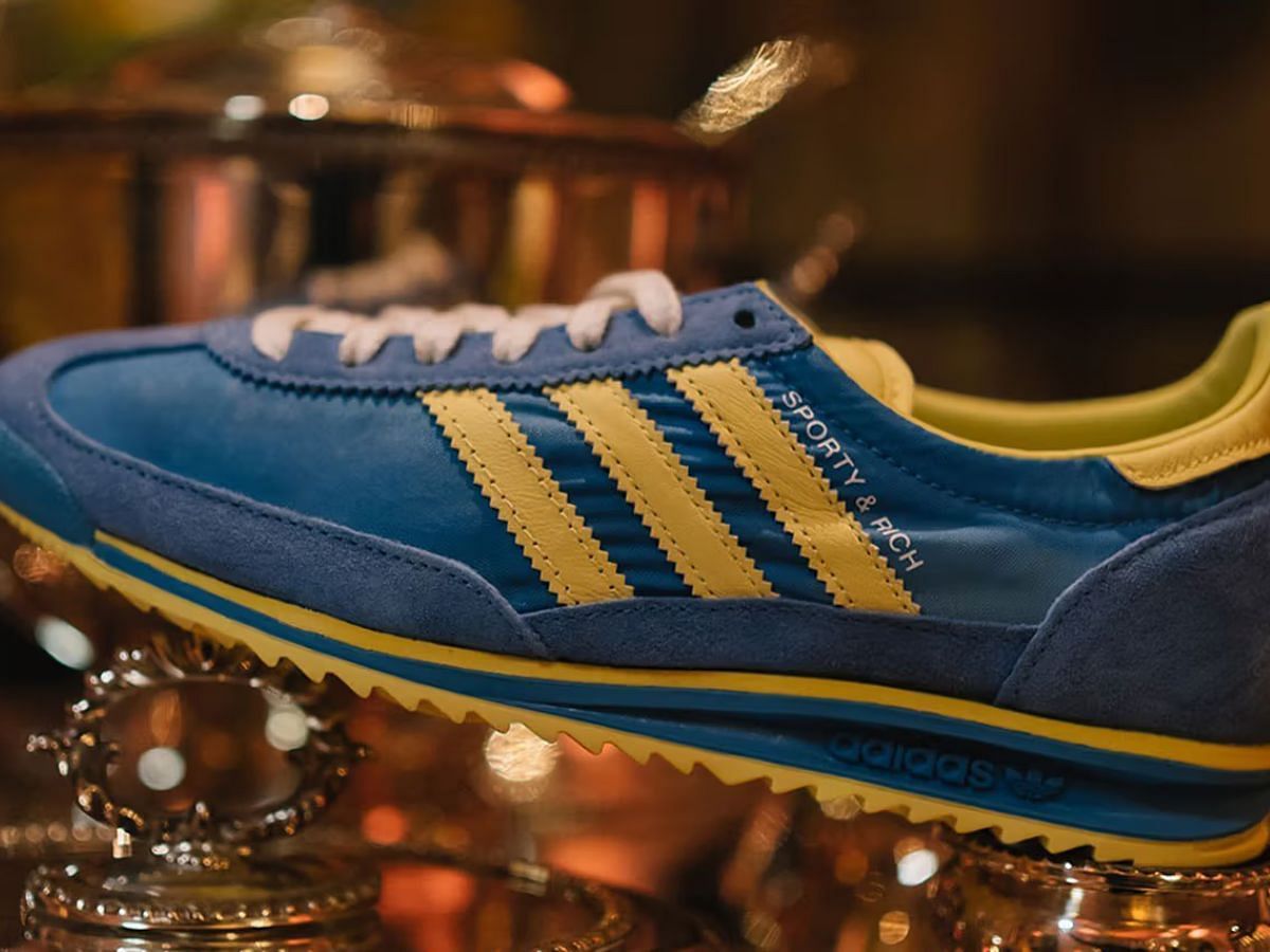 Sporty &amp; Rich x Adidas SL72 &ldquo;Blue/Yellow&rdquo; sneakers (Image via Instagram/@emilyoberg)