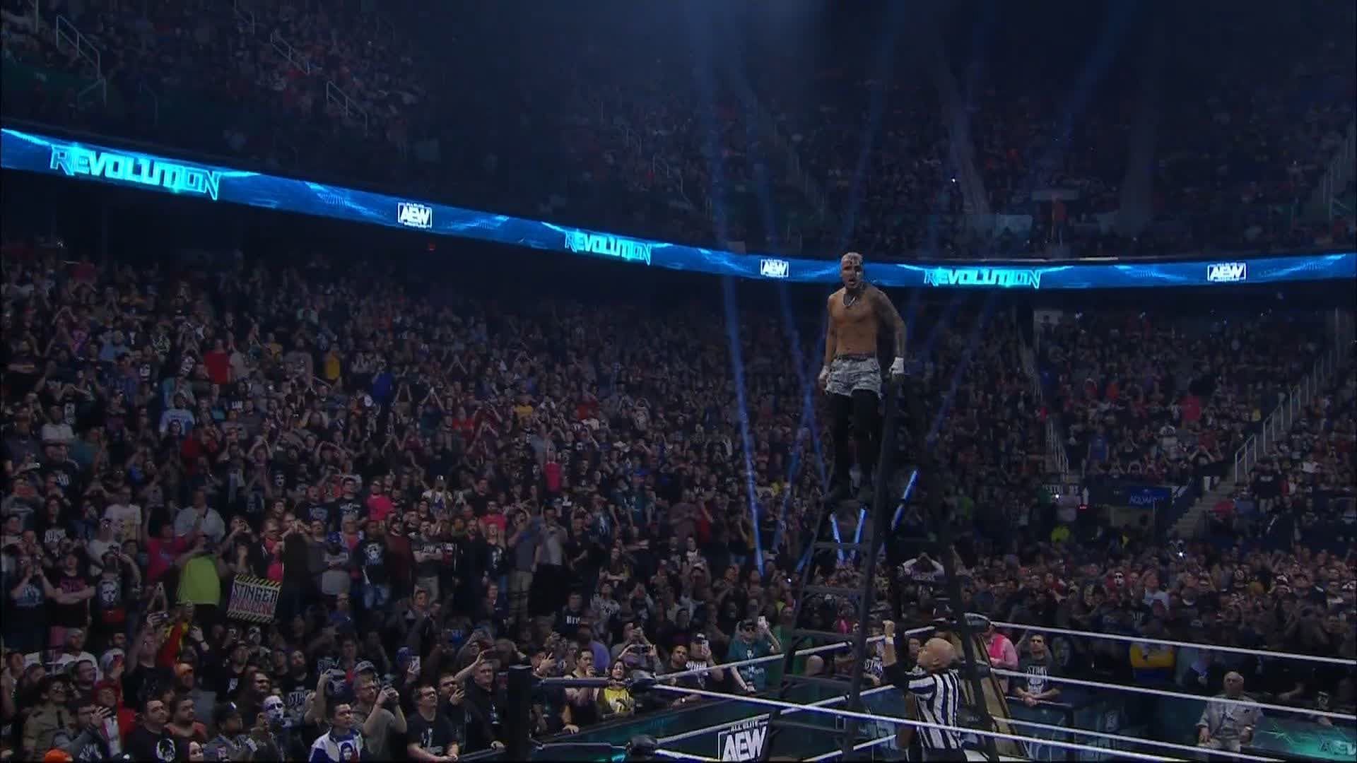 Darby Allin waits at the top of a ladder during AEW Revolution 2024