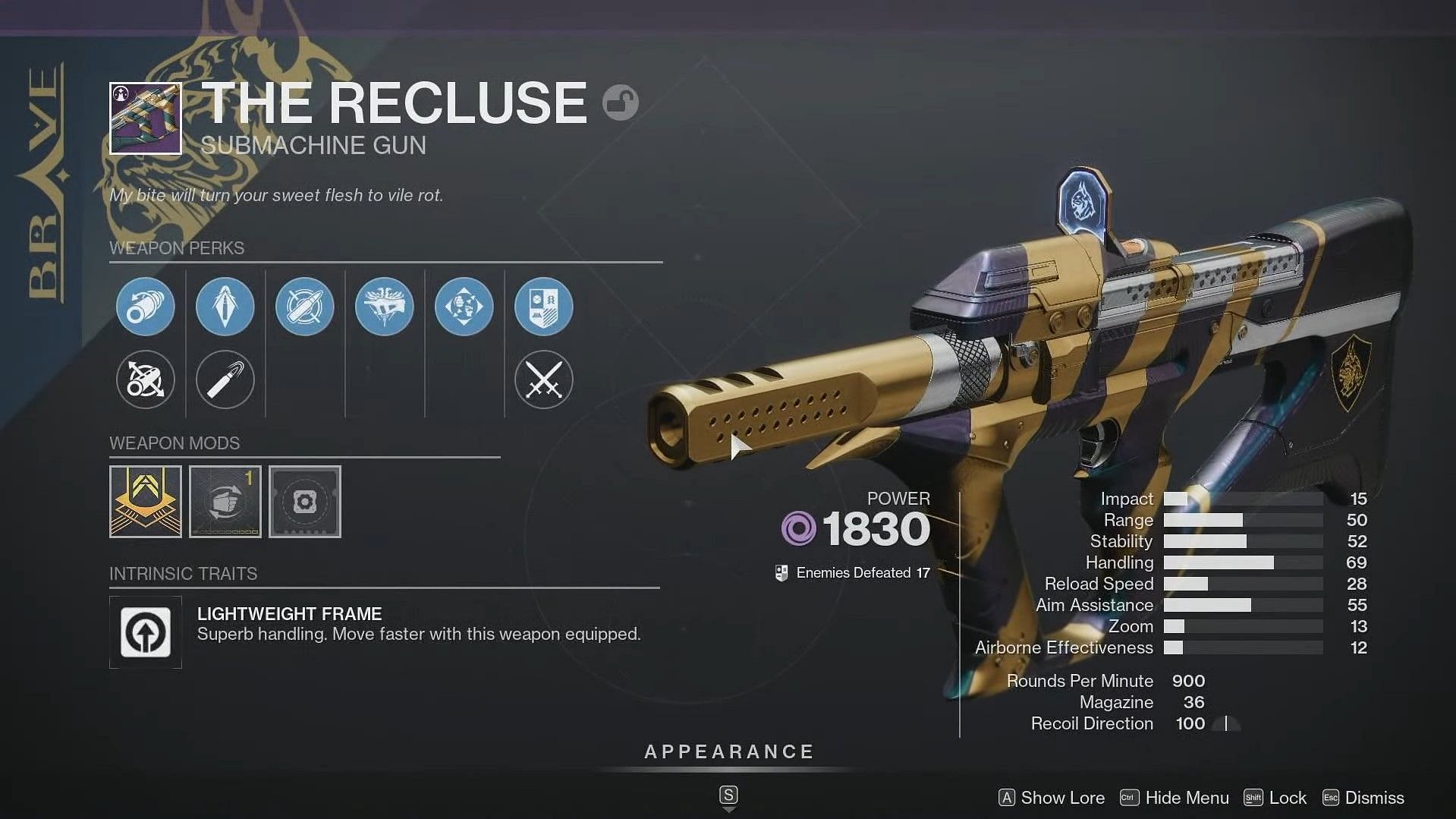 The Recluse Submachine Gun in Destiny 2 (Image via Bungie)