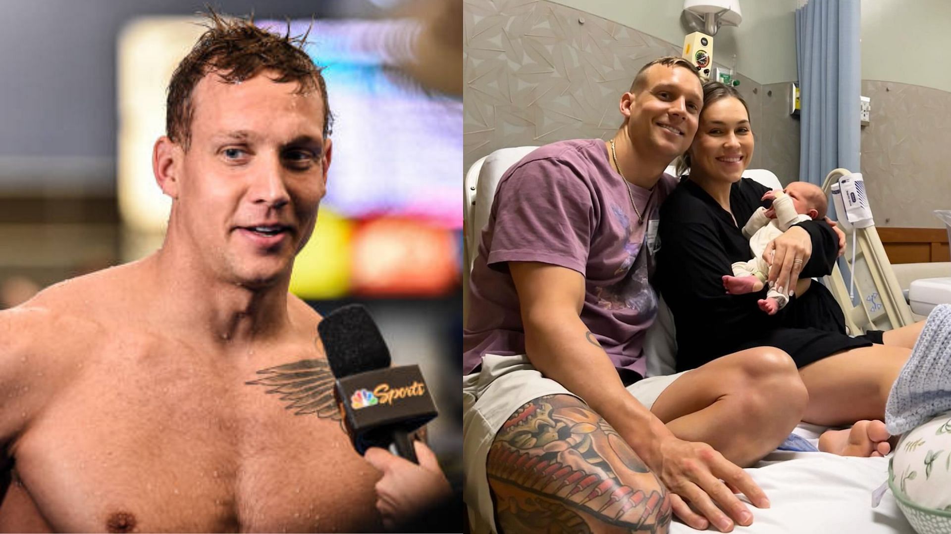 Caeleb Dressel and Caeleb Dressel with his wife and newborn child (Image via Getty and Image via Instagram)