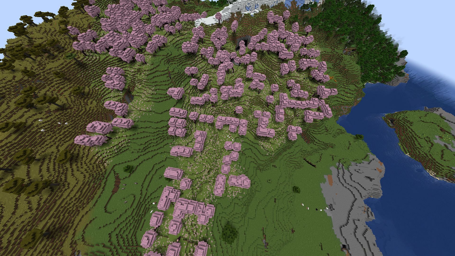 The cherry biome in this Minecraft seed is flanked by plenty of other biomes (Image via Mojang)