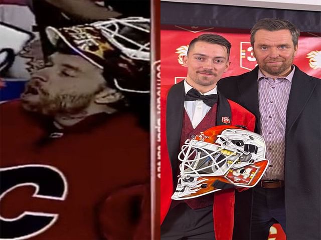 Brendan Peters aka &quot;Mini Kipper&quot; presents Miikka Kiprusoff with a customized mask