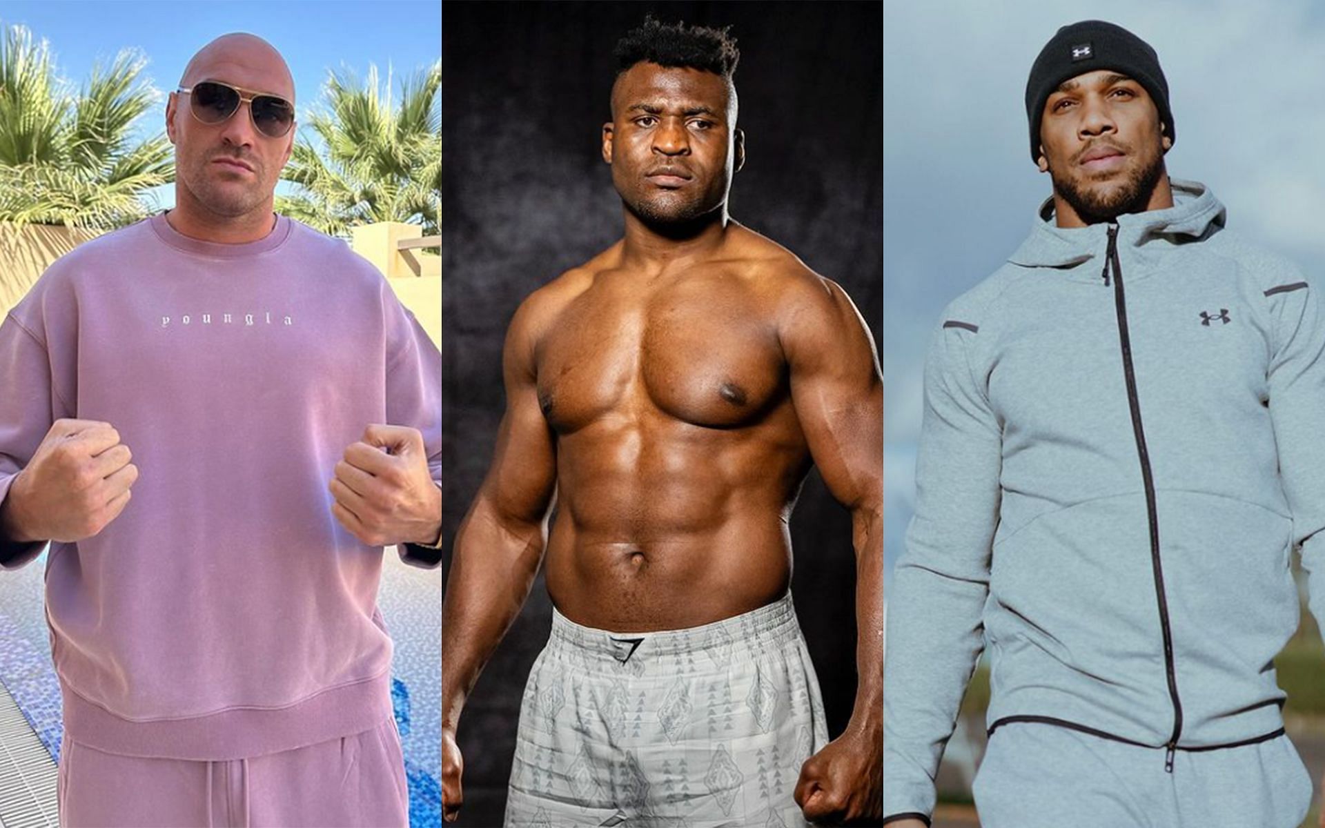 Francis Ngannou (center) looks primed to take on elite boxers like Tyson Fury (left) and Anthony Joshua (right) [Images Courtesy: @tysonfury, @anthonyjoshua and @francisngannou Instagram]