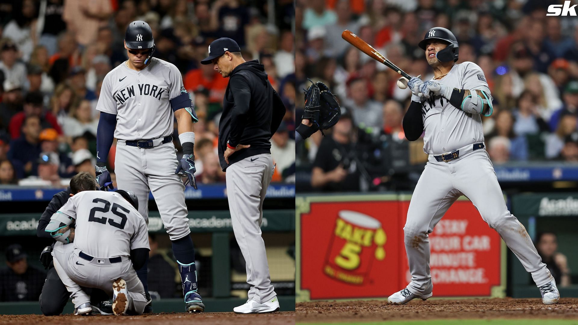 Gleyber Torres of the New York Yankees is hit by a pitch in the seventh inning against the Houston Astros at Minute Maid Park