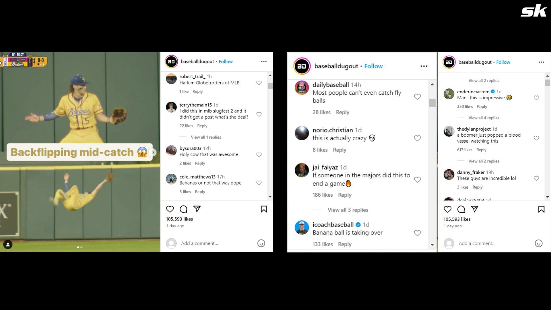 Screenshot of fan reactions to baseballdugout&#039;s post on Instagram