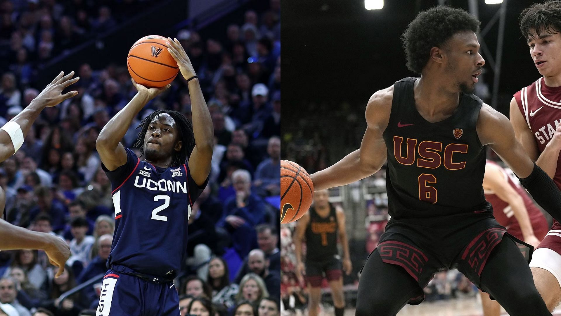 UConn guard Tristen Newton (left) and USC guard Bronny James (right)