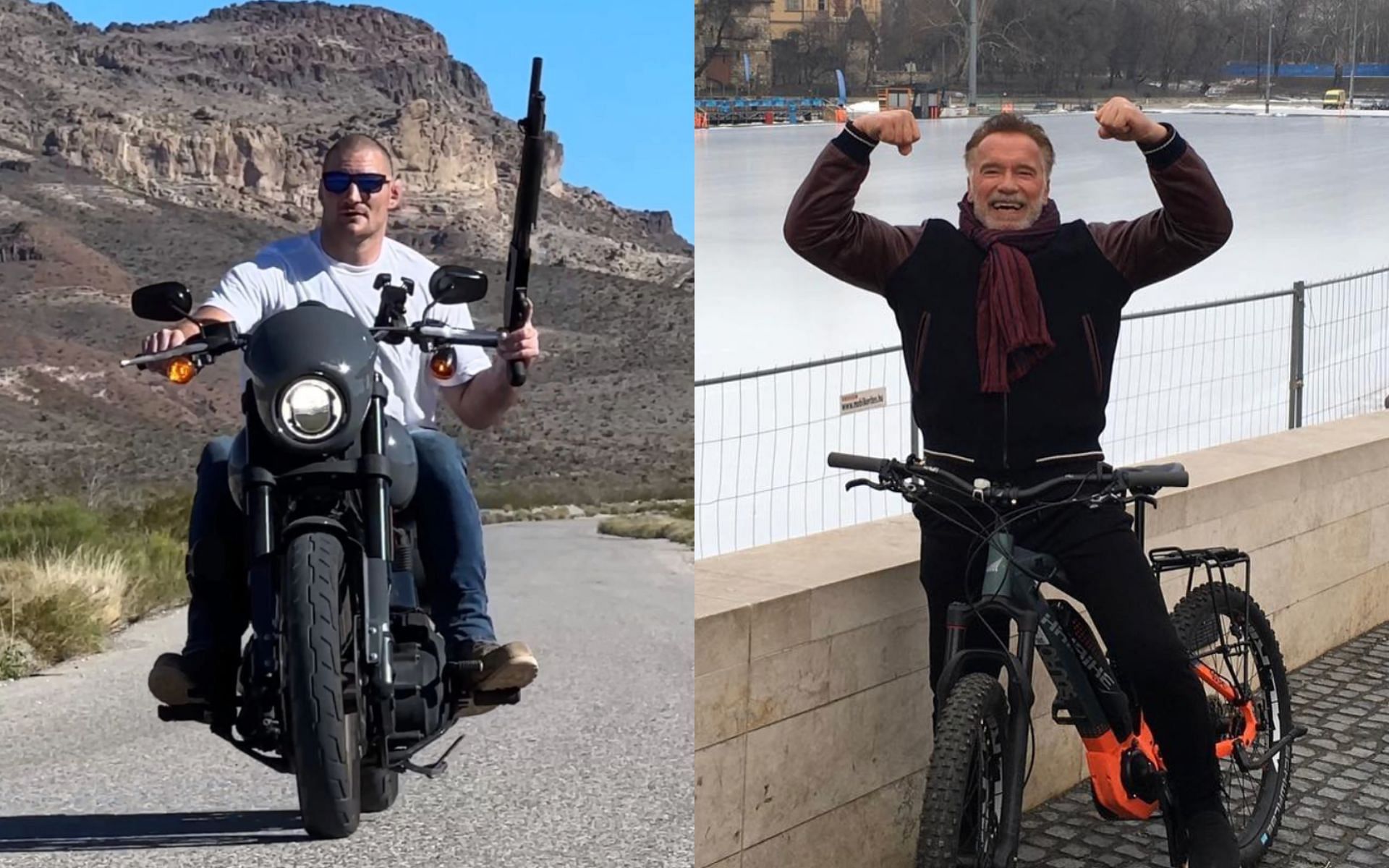 Sean Strickland (left) recreates iconic photo from Arnold Schwarzenegger (right) [Photo Courtesy @stricklandmma and @schwarzenegger on Instagram]