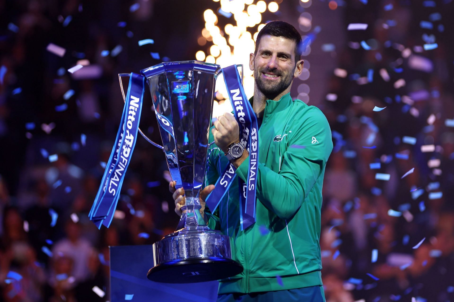 Novak Djokovic with the trophy after winning the ATP Finals in 2023