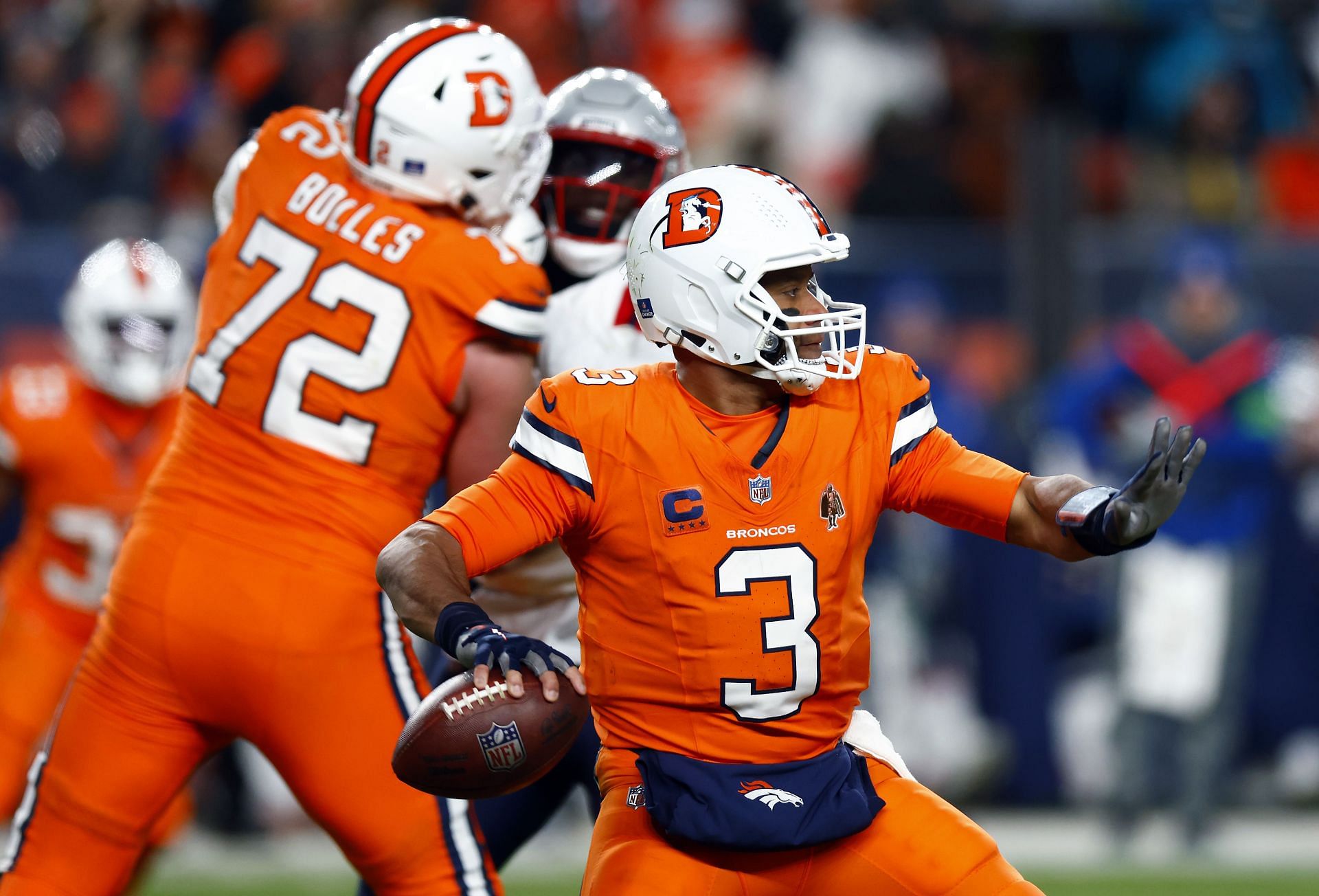 Russell Wilson during New England Patriots vs. Denver Broncos