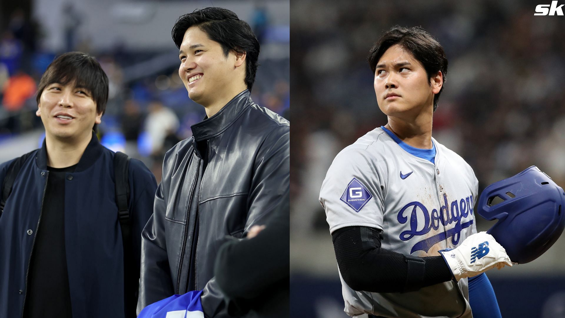 Shohei Ohtani of the Los Angeles Dodgers talks with his interpreter Ippei Mizuhara prior to the game between the New Orleans Saints and the Los Angeles Rams at SoFi Stadium