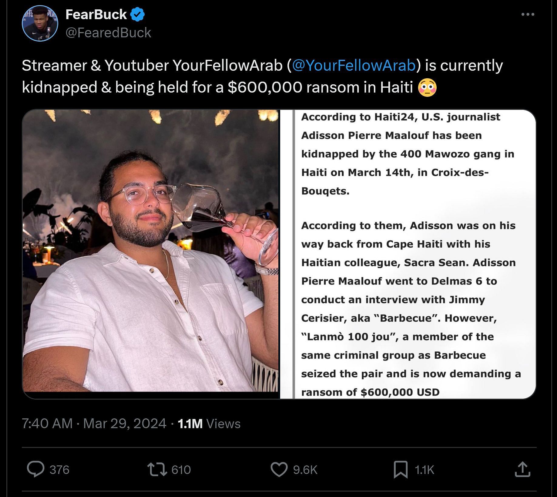 X user @FearedBuck&#039;s tweet in which they reported the YouTuber and streamer&#039;s alleged kidnap in Haiti (Image via X)