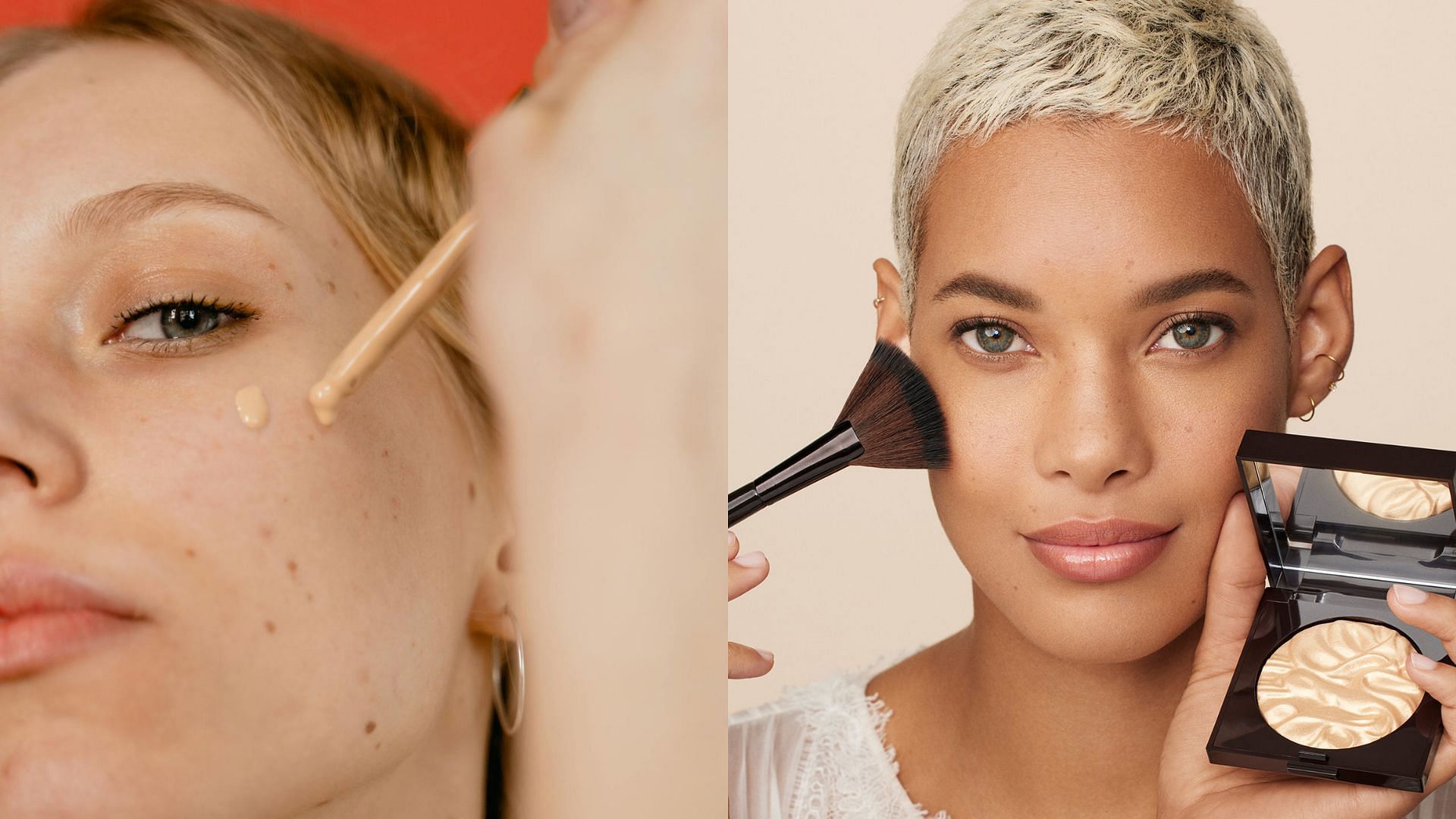 Liquid vs. powder foundation (Image via @lauramercier/Instagram, @mart-production/Pexels)