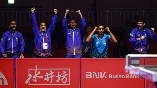 The Indian Men's Table Tennis Team players celebrate a victory (Image Credits: ITTF Website)