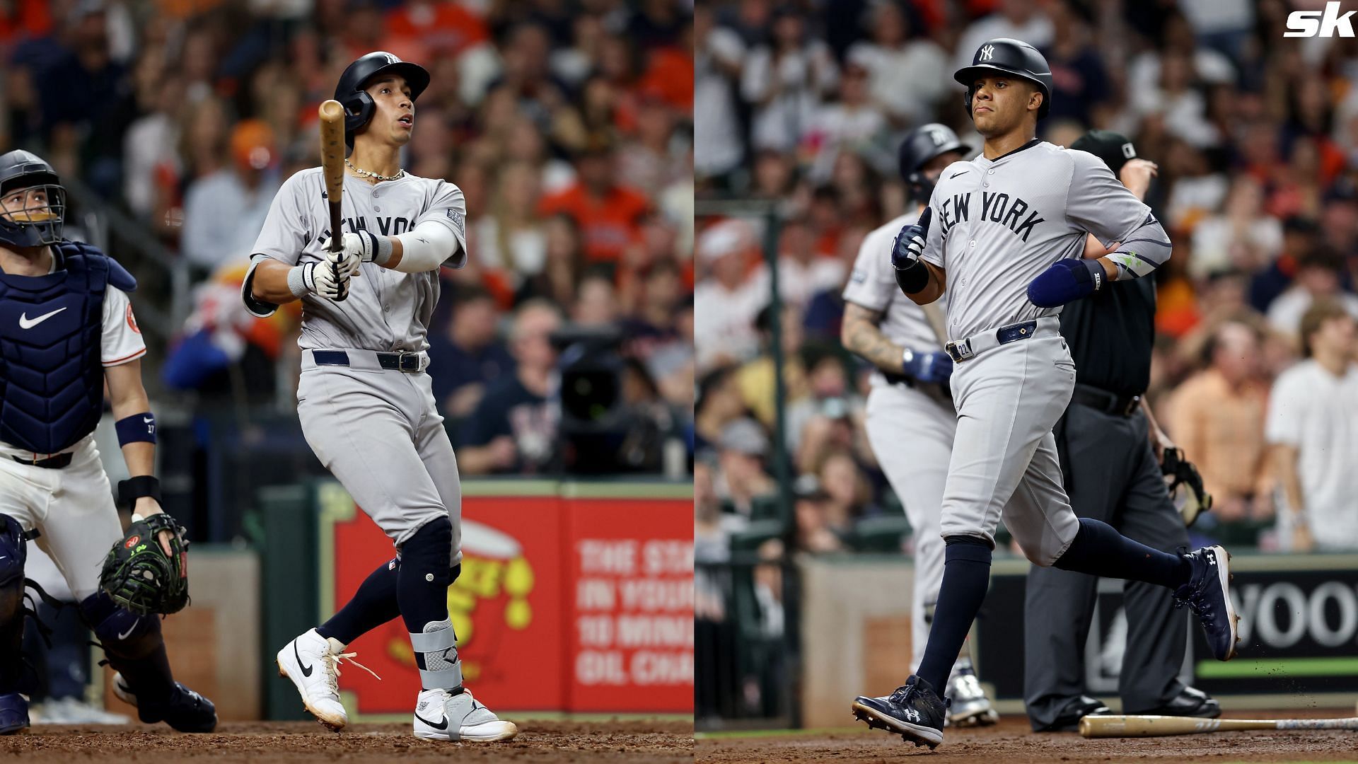 Juan Soto of the New York Yankees scores in the third inning against the Houston Astros at Minute Maid Park 