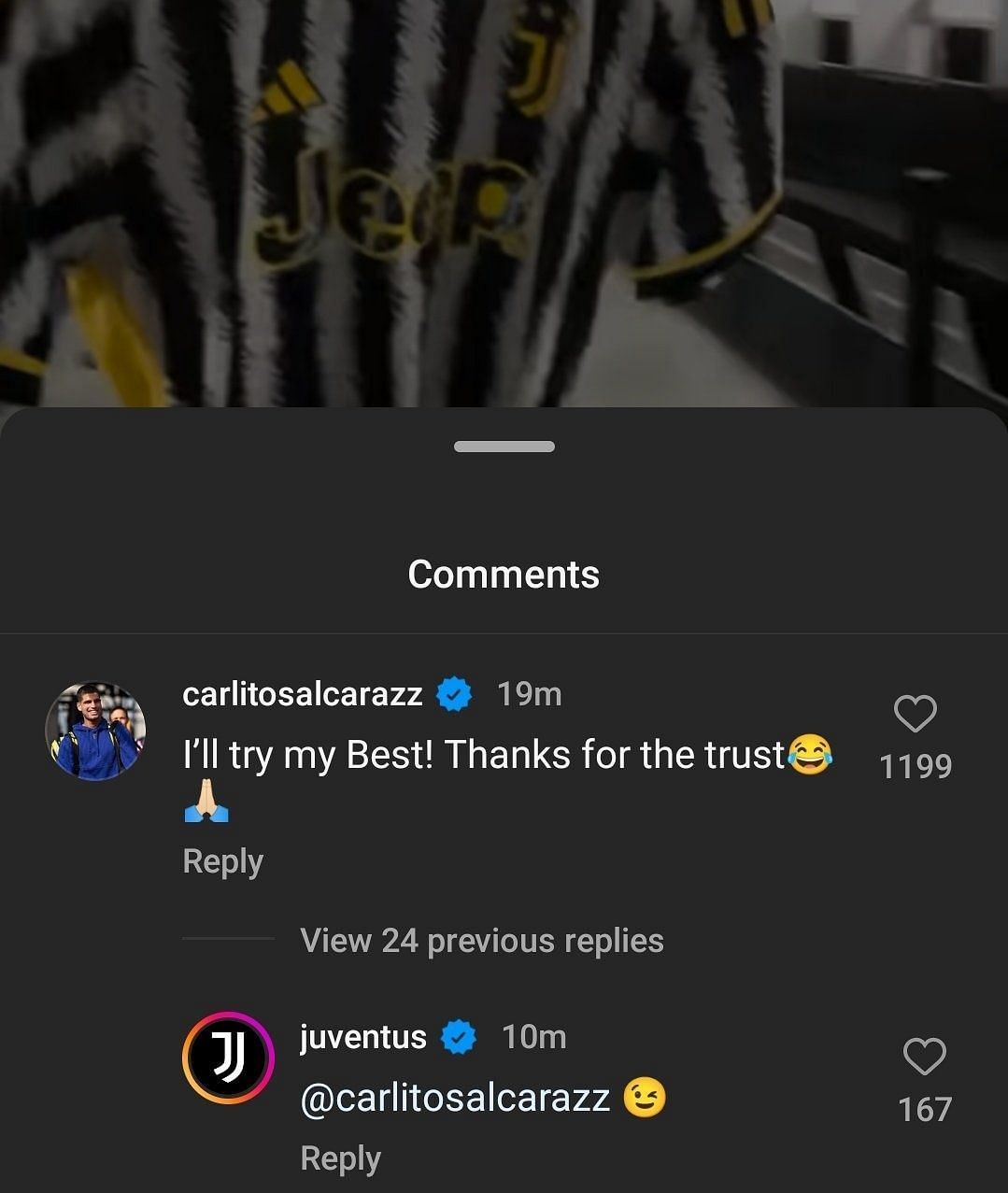 Alcaraz's reaction to juventus announcement