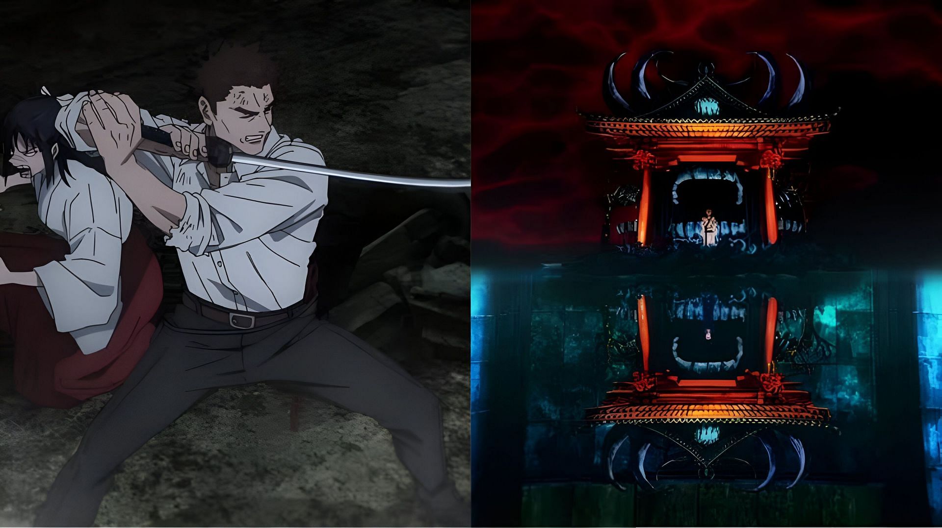 Sukuna&#039;s domain expansion (right) and Kusakabe&#039;s Simple Domain in Jujutsu Kaisen (left) (Image via MAPPA)