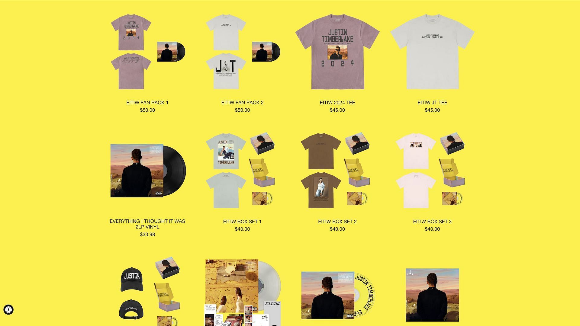 &#039;Everything I Thought It Was&#039; album merch and box sets available on Justin Timberlake&#039;s official website (Image via shop.justintimberlake.com)