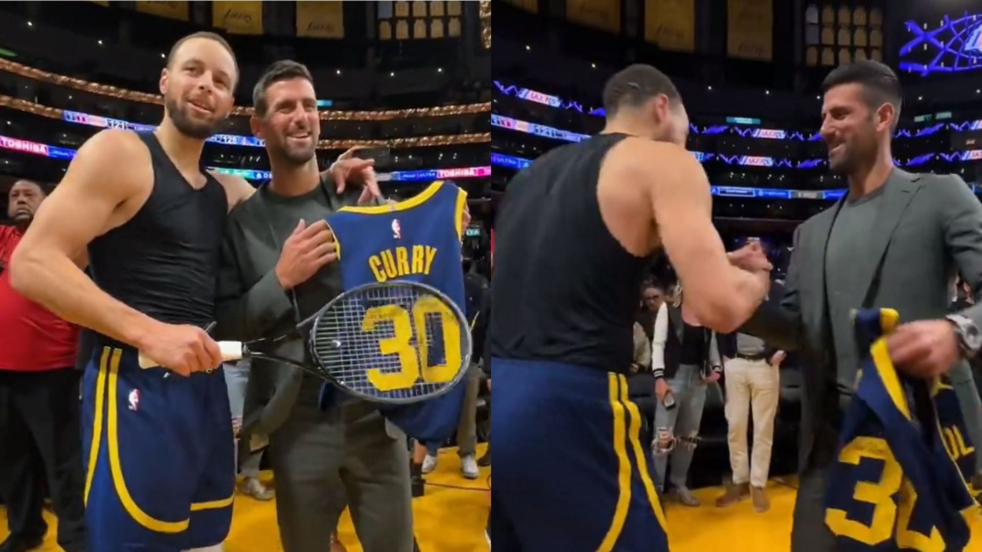 Steph Curry and Novak Djokovic share a moment after the Warriors-Lakers game